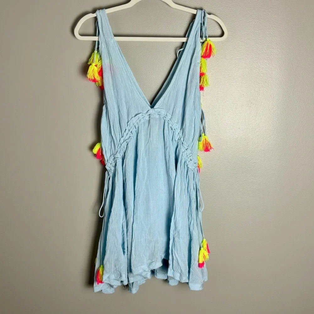 NEW Anthropologie Sundress Mini Light‎ Blue Swim Cover with Neon Tassels Size XS